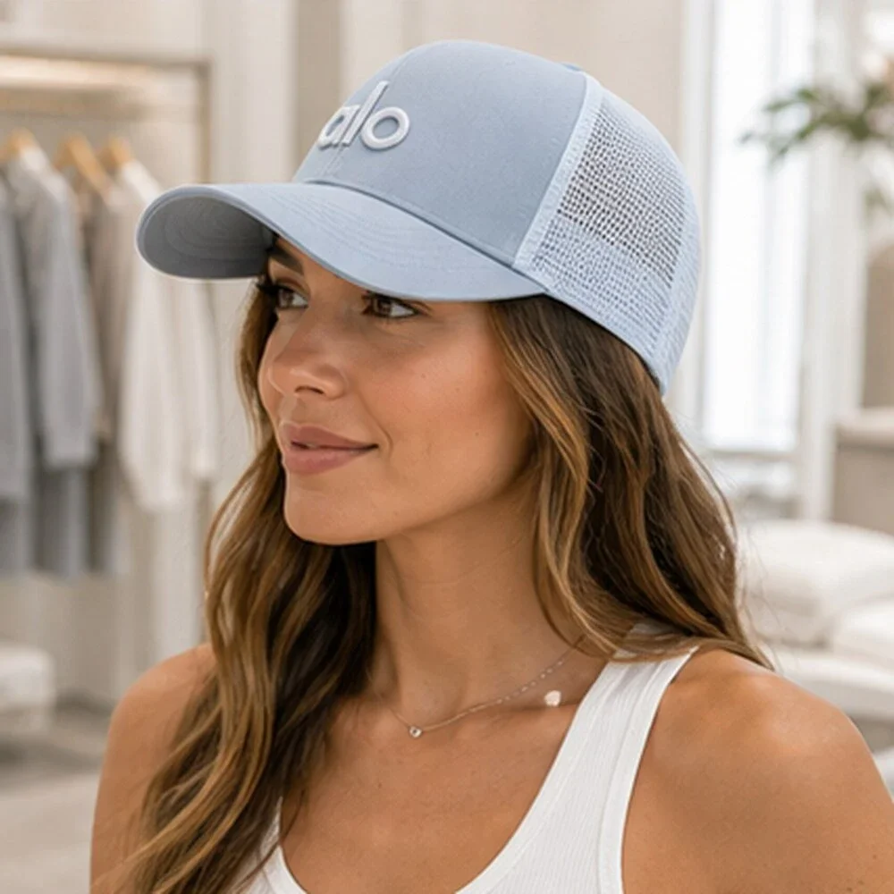 ALO Yoga Mist Blue Gray Athleisure Mesh Trucker Cap Hat Logo
